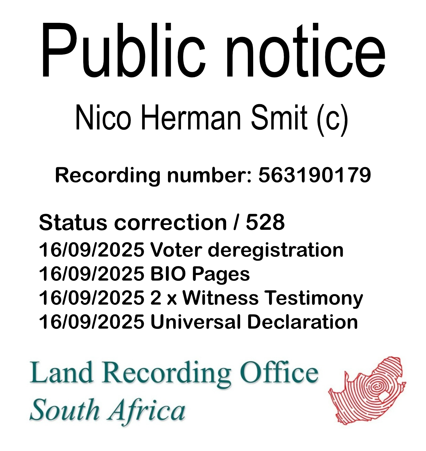 Public notice Nico Herman Smit Recording number 563190179